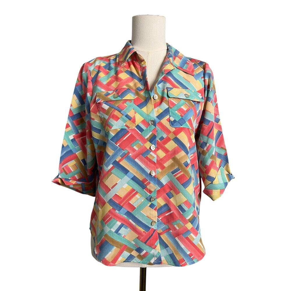 Alfred Dunner Shirt Womens Petite PS Multicolor Mature Button Up 3/4 Sleeve